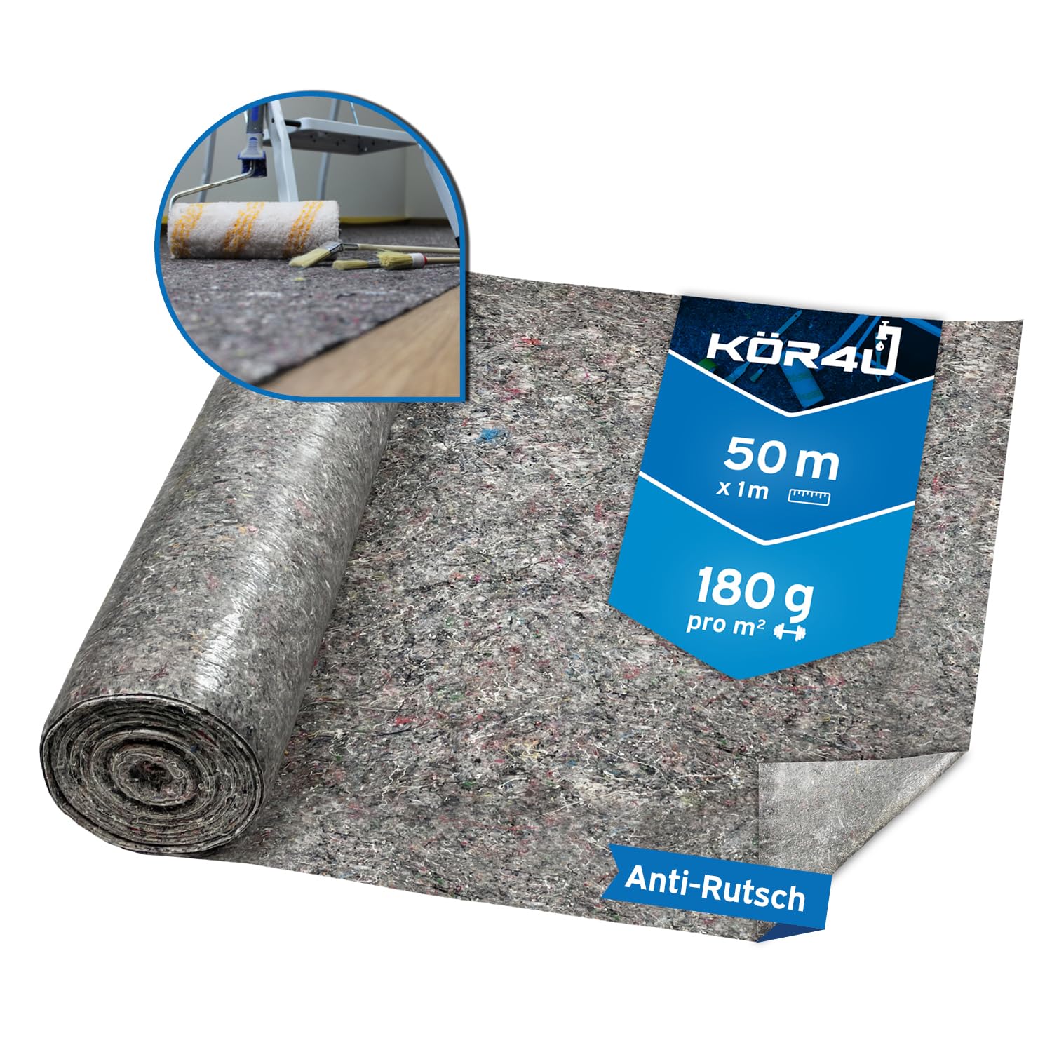 kör4u Malervlies 50m, 180g Abdeckvlies – Staubdichtes, Rutschfestes Malervlies für Renovierungen, Umzüge und Heimwerkerprojekte