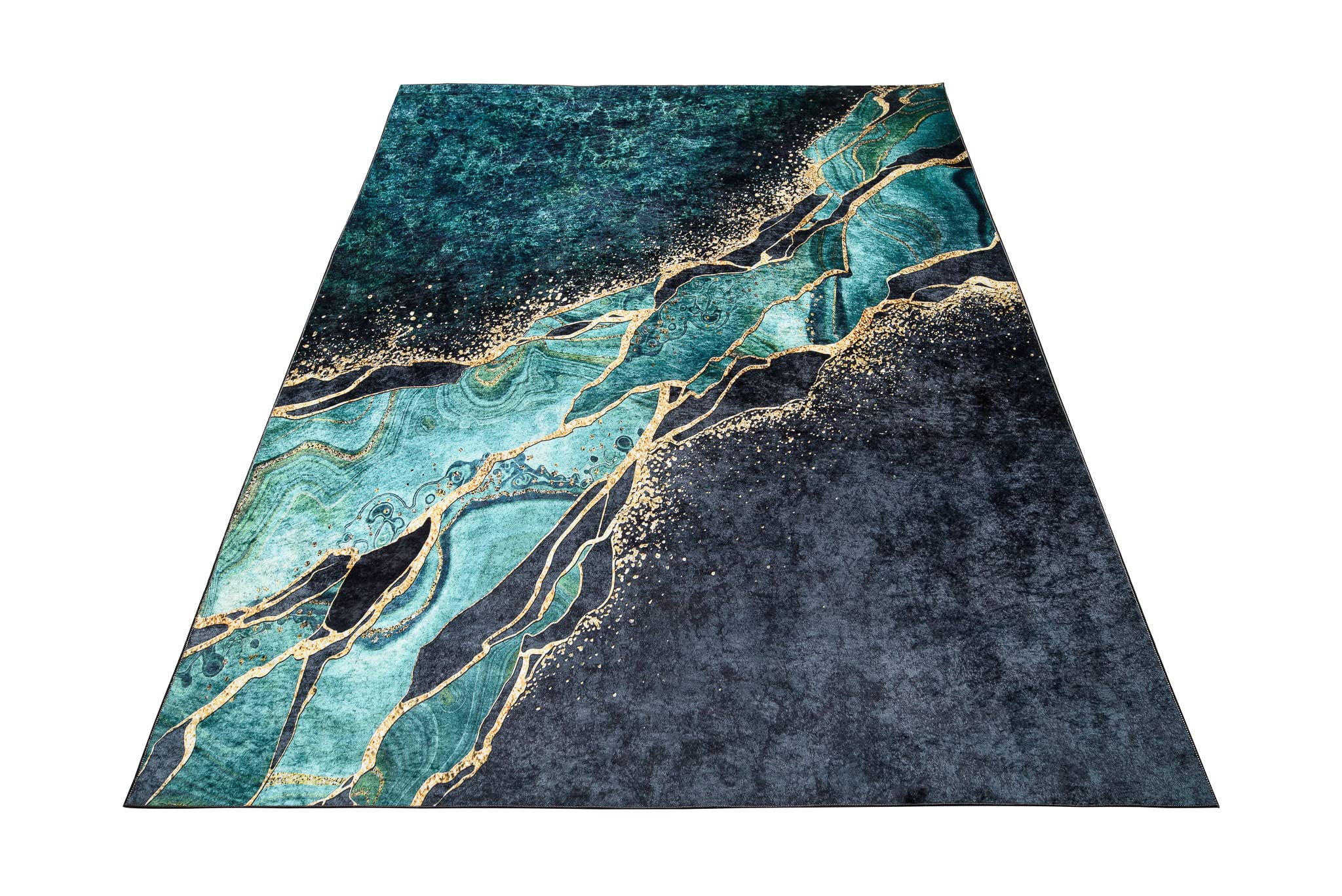 TAPISO Toscana Tappeto Soggiorno Antiscivolo Lavabile Pelo Corto Stampato Design Moderno Elegante Motivo Astratto Marmo tonalità Verde Smeraldo Oro Salotto Sala Camera 200 x 300 cm