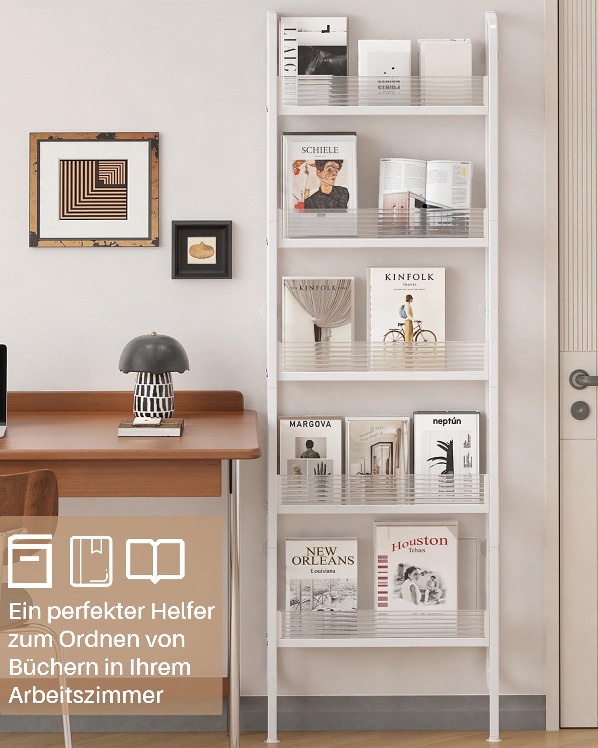 Schmales Regal Hinter Tür, Badezimmerregal mit 5 Etagen, Metall Bücherregal, Aufbewahrung für Küche, Ideal für die Aufbewahrung in Engen Räumen,Weiß