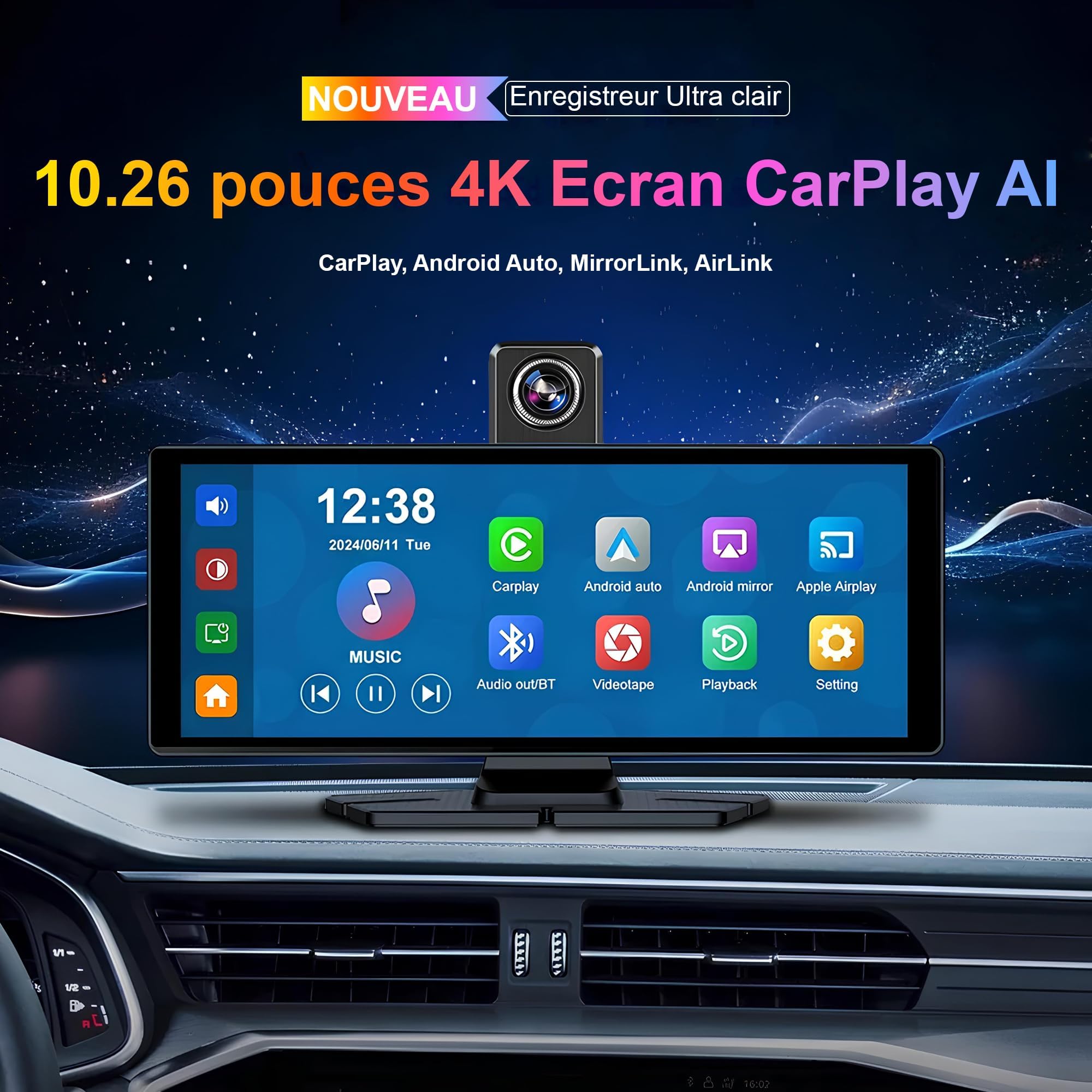 Schermo CarPlay per auto e Android senza fili da 10,26 pollici, IPS – Dashcam 4K + telecamera posteriore 1080p – Autoradio Bluetooth FM AUX – Plug & Play USB-C, scheda 64 GB – CarByNevo D4 Pro