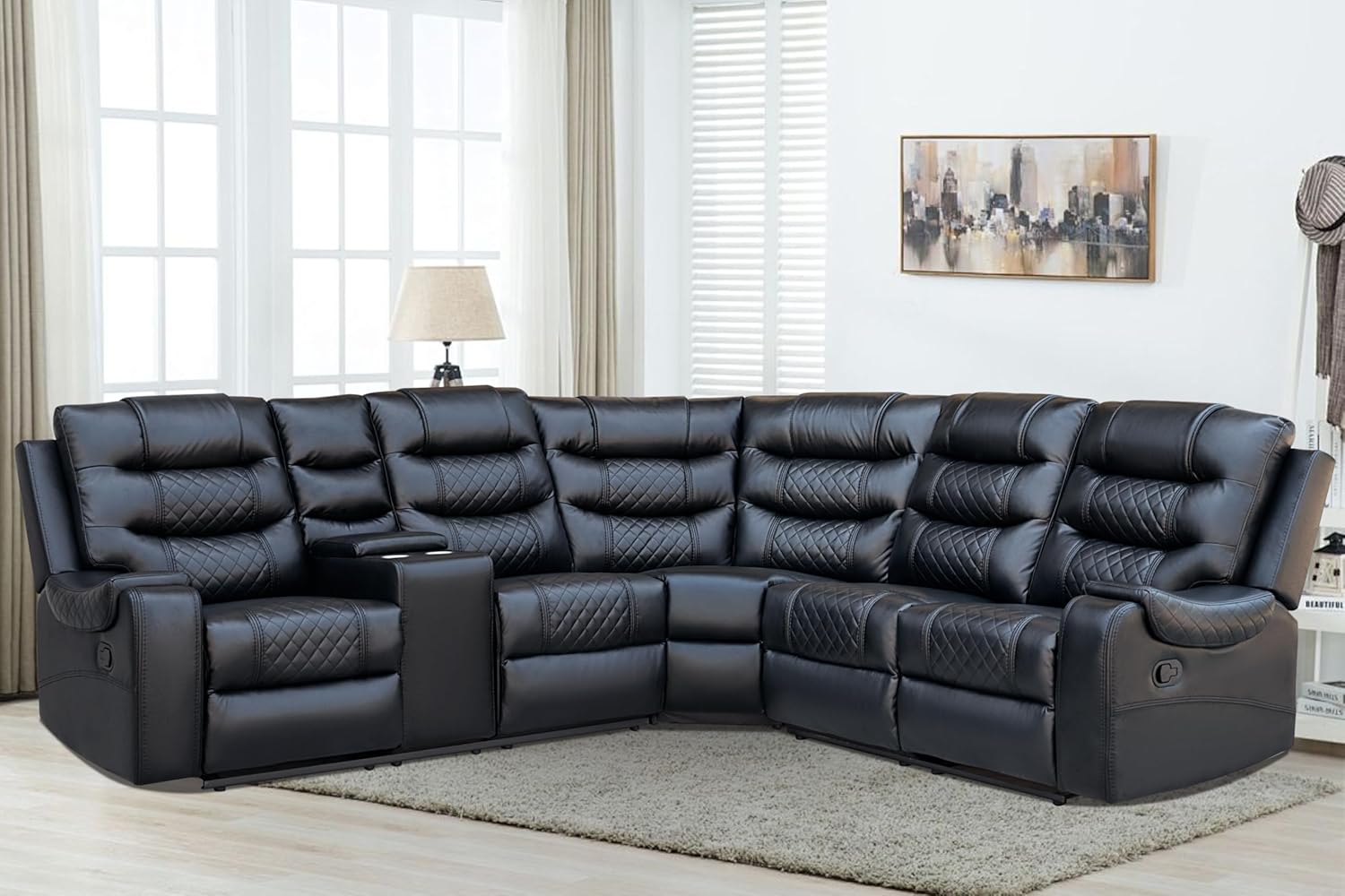 INSTORY L-Shape Sectional Sofa with Manual Recliners, Faux Leather, with Cup Holders&Hidden Storage Box, Black, Wide Armrests Couch for Living Room