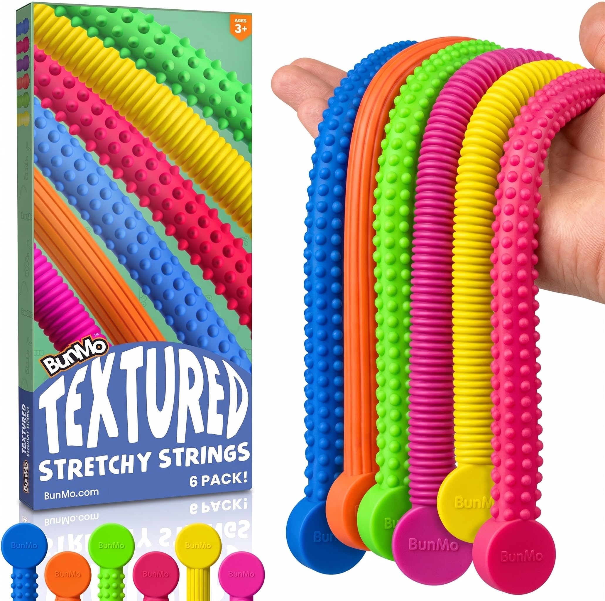 BUNMO Stretchy Strings - Sensory Toys - Stimulating &amp; Fun Sensory Toys for Kids - Fidget Toy - Hours of Fun for Kids - Non-Mouthable Toy 3+ - Textured 6 Pack