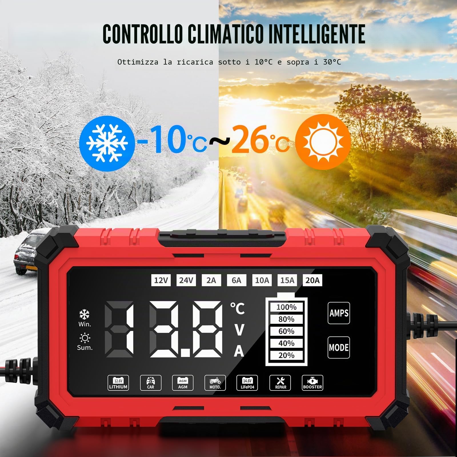 Caricabatterie da auto da 20 A, 12 V/24 V, Smart completamente automatico | con compensazione della temperatura, caricatore intelligente per auto, moto, camion, tosaerba, tosaerba o barca (20A)