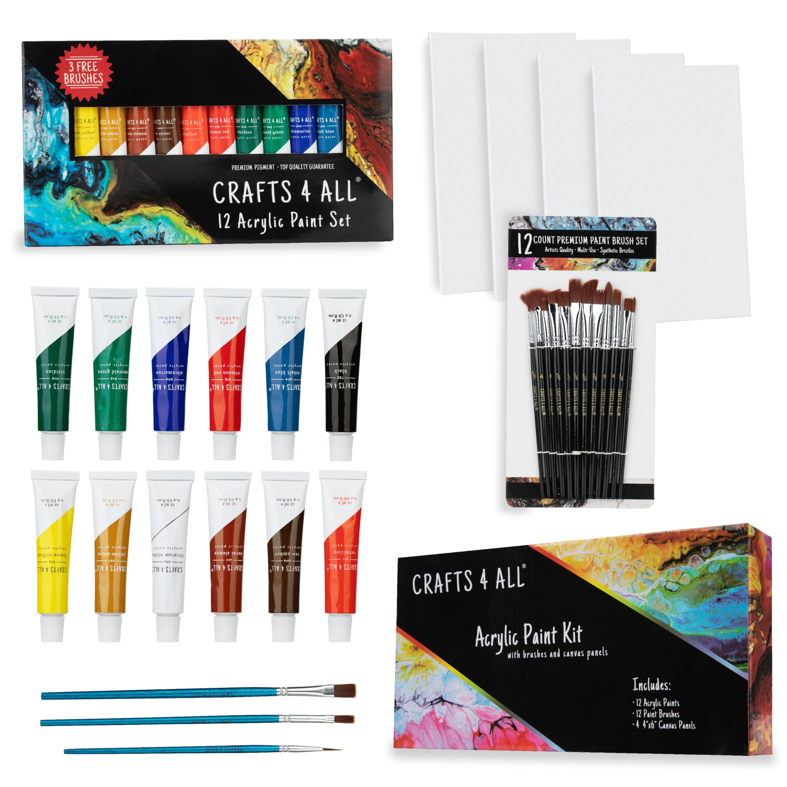 Crafts 4 All Acrylic Paint Set for Adults and Artists - 12 Pack of 12mL Paints with 12 Art Brushes & 4 Stretched Canvas Boards, Non-Toxic Craft Paint for Easter Eggs, Ceramic Rock Paint - Art Supplies