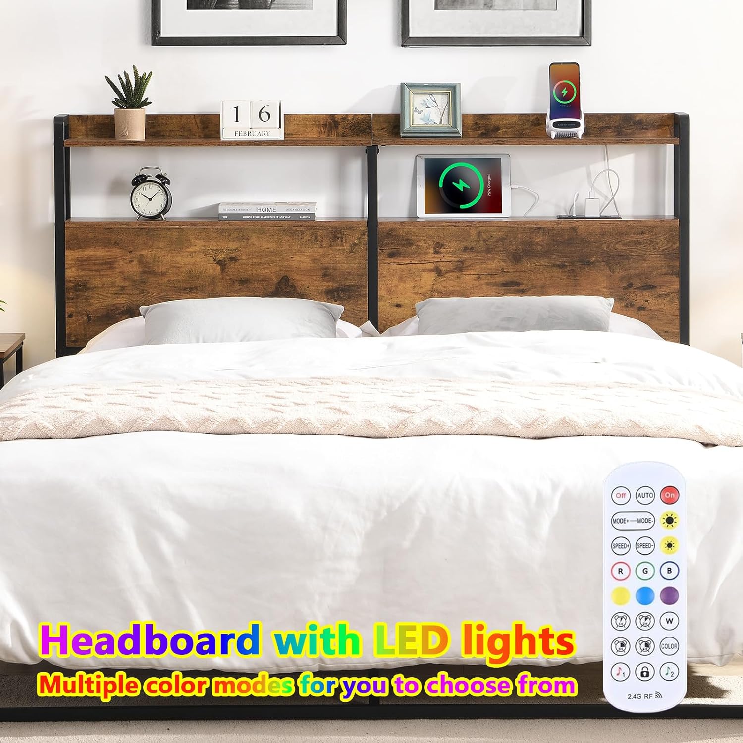 Queen Headboard with Storage, Free Standing Headboard with LED Lights & Outlets, Adjustable Height, Rustic Brown (Queen)