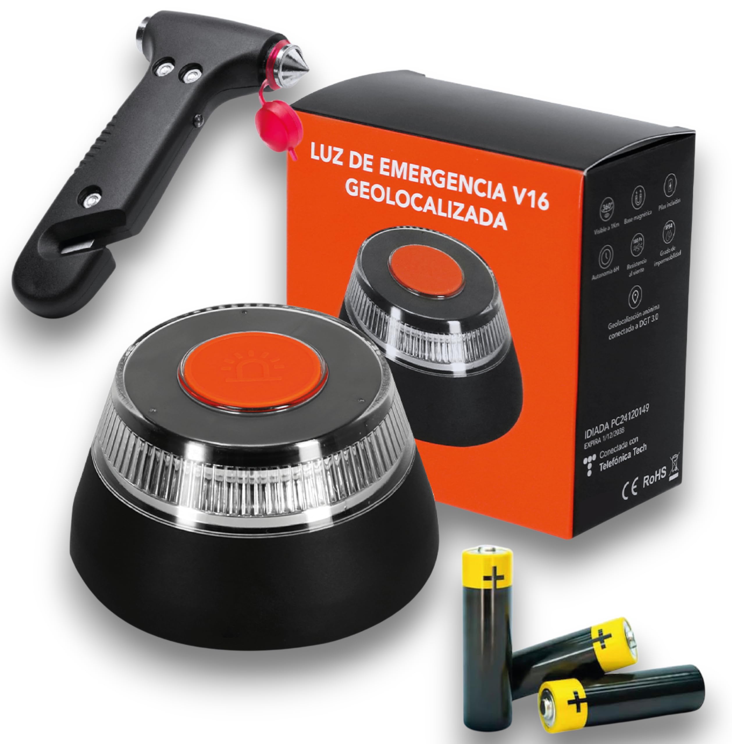 Luz Emergencia Coche Homologado DGT, con SIM y Datos Pagados hasta 2038, Baliza v16 Homologada dgt con Geolocalizador, Obligatoria enero 2026, Luz v16 con Geolocalización 3.0, Aprobada por DGT