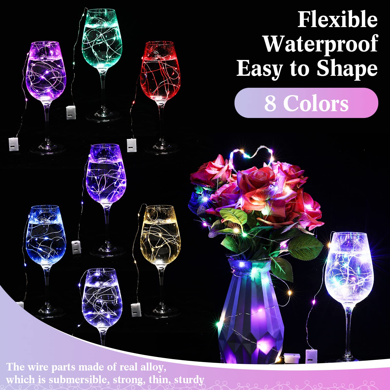 Paquete de 150 luces LED de hadas que funcionan con pilas, 3 modos de velocidad, 2 m, 20 luces LED alimentadas por pilas, alambre impermeable, luces parpadeantes, recuerdo de fiesta para bricolaje