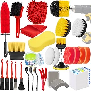 Jaronx 32PCS Car Detailing Brush Kit, Exterior/Interior Detail Kit Car Detailing Set, Auto Car Cleaning Kit (Wheel Tire Brush,Rim Brush,Drill Brush,Clay Bar,Wash Mit,Magic Spone,Drill Polishing Pads)