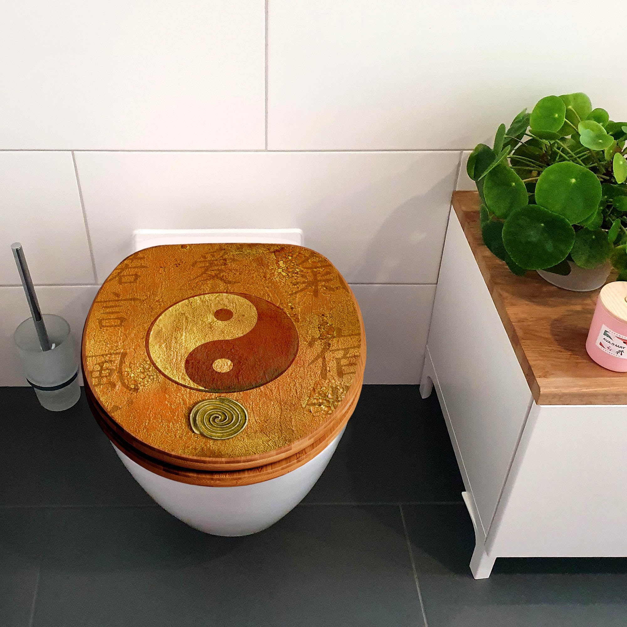 banjado Design WC Sitz Bambus Absenkautomatik 45,8x37,5cm - Toilettendeckel mit Absenkautomatik Holz - hochwertiger Bambus Klodeckel - WC-Sitz für gängigen Toiletten - Motiv Yin Yang