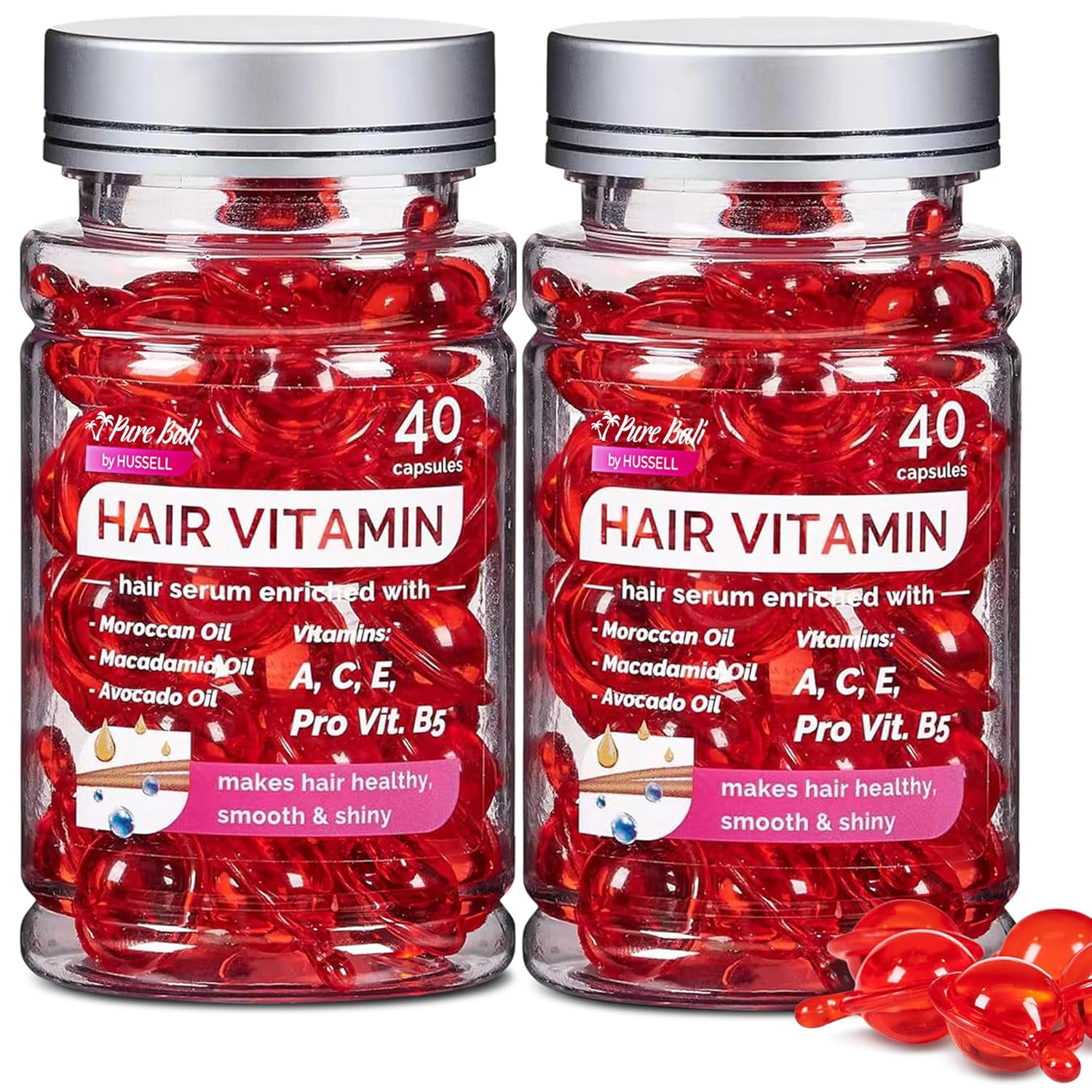 Pure Bali Hair Vitamins Moroccan Oil Capsules for Women & Men - Serum Enriched with Argan Oil & Avocado Oil for All Hair Type Frizzy Dry Curly - Vitamin A, E, Pro B5 (80 Capsules)