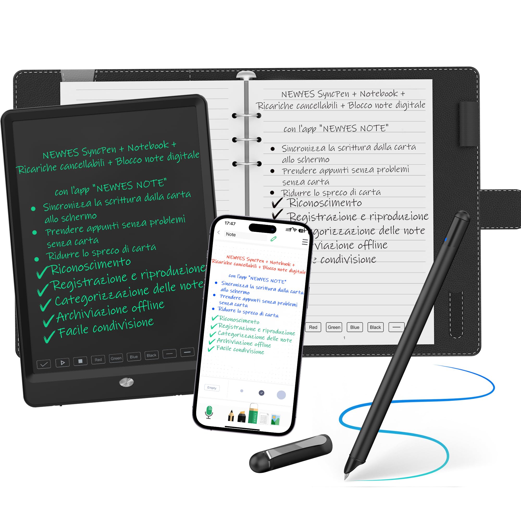 NEWYES SyncPen 3.0 Set - Smart Pen Sincronizza i Tuoi Appunti Dallo Schermo e Dalla Carta, Sincronizzazione in Tempo Reale e Riconoscimento Intelligente del testo Compatibile con iOS e Android