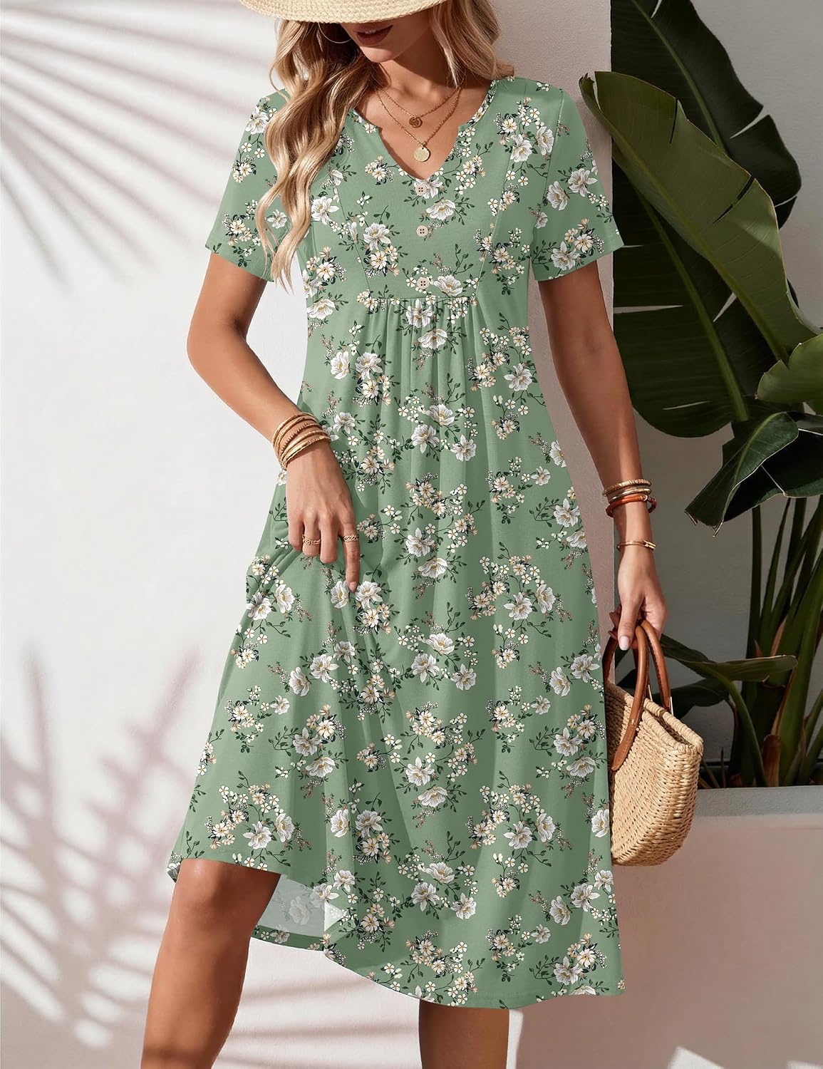 Zeagoo Women Summer Dresses Casual Short Sleeve Midi Dress with Pockets Floral A Line V Neck Beach Vacation T Shirt Sundress