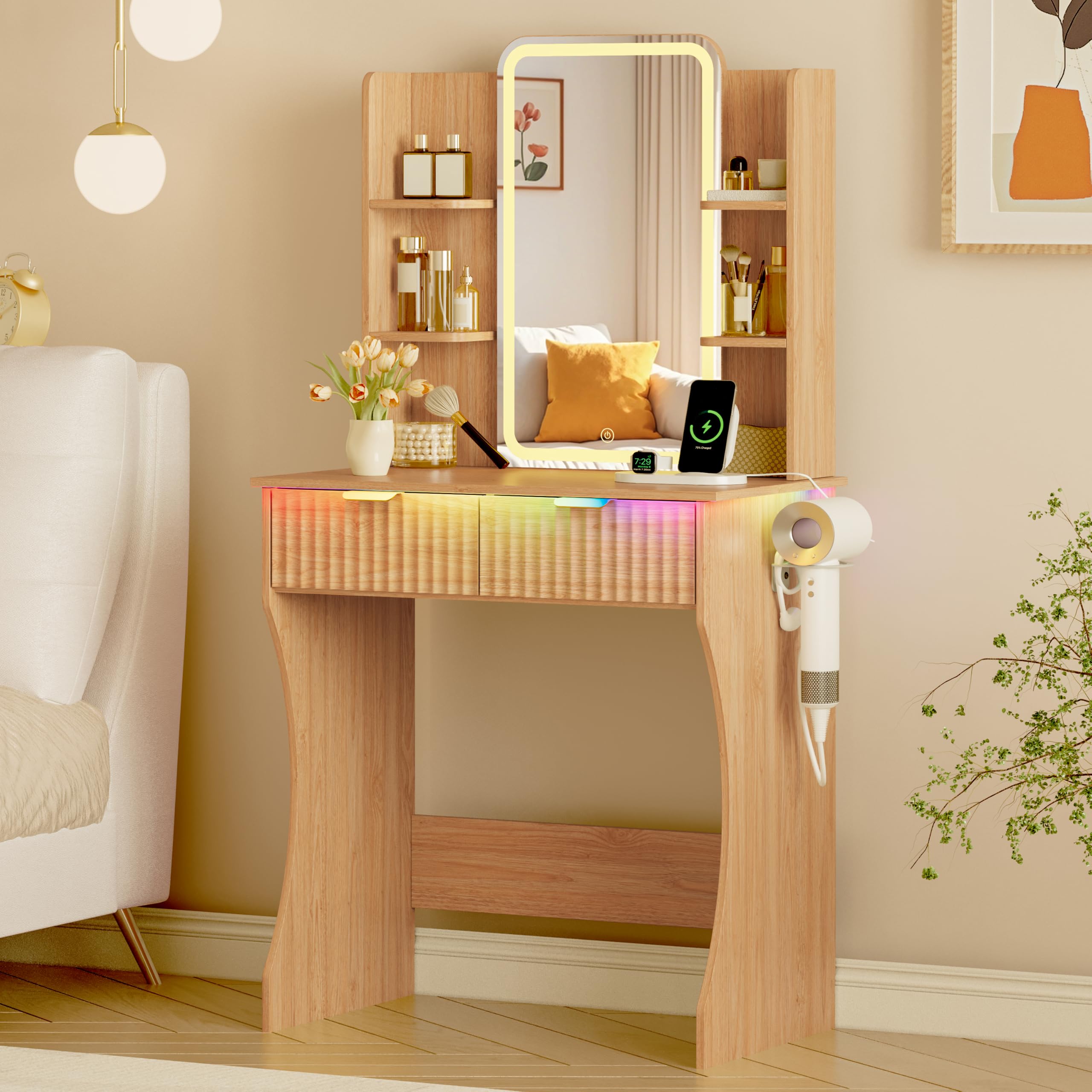 Xixini Vanity Desk with LED Lights Mirror &amp; Power Outlet, Small Makeup Vanity Table Set with Storage Drawers, 3 Lighting Modes &amp; Adjustable Brightness, Dressing Table for Women Girls Bedroom, Oak
