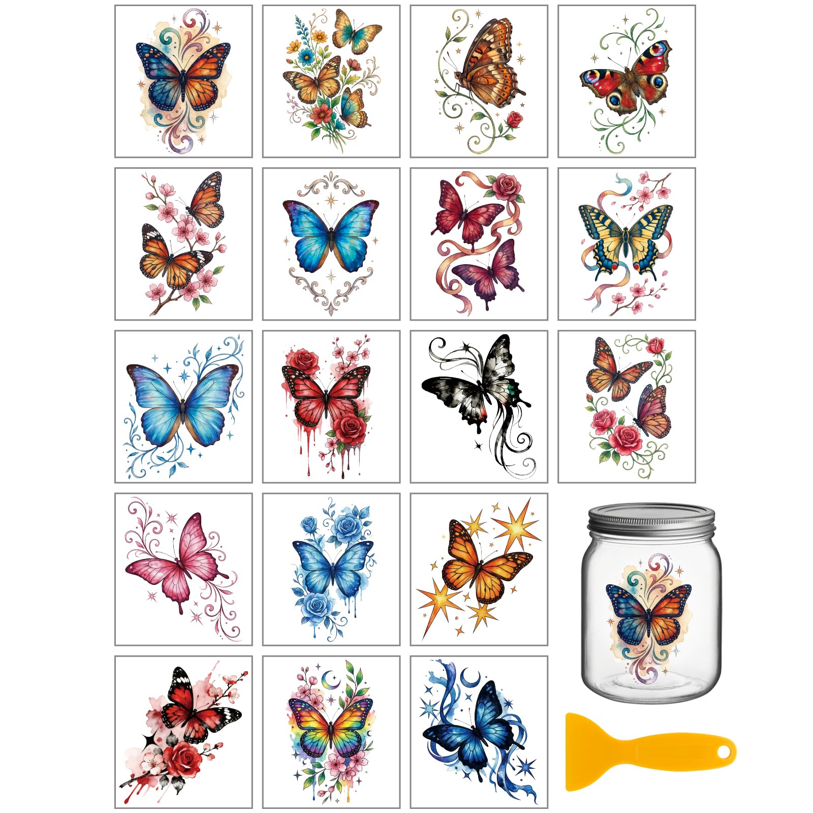 GLOBLELAND 18 Sheets Colorful Butterflies Transfer Sticker for Cup Crafts 3.9x3.6 inch Flowers Butterfly Decal Stickers Retro Rub on Transfers for Bottle Vase Glass Furniture Decor