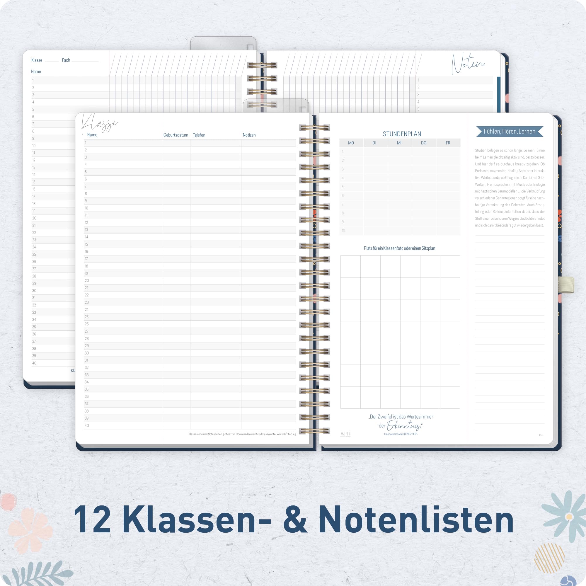 Häfft® Lehrerplaner 2026/2027 A4+ Deluxe – Großer Lehrerkalender & Schulplaner 26/27 mit Hardcover & Spiralbindung "Flowers & Leaves" – Für Grundschule, weiterführende Schulen & Referendariat