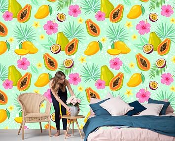 Papaya, Mango Wall Mural - 400x280cm Mint Green 3D Effect Photo Wallpaper Tropical Fruits Panoramic Wall Art Poster for Living Room Bedroom Office Decoration, Mint Green