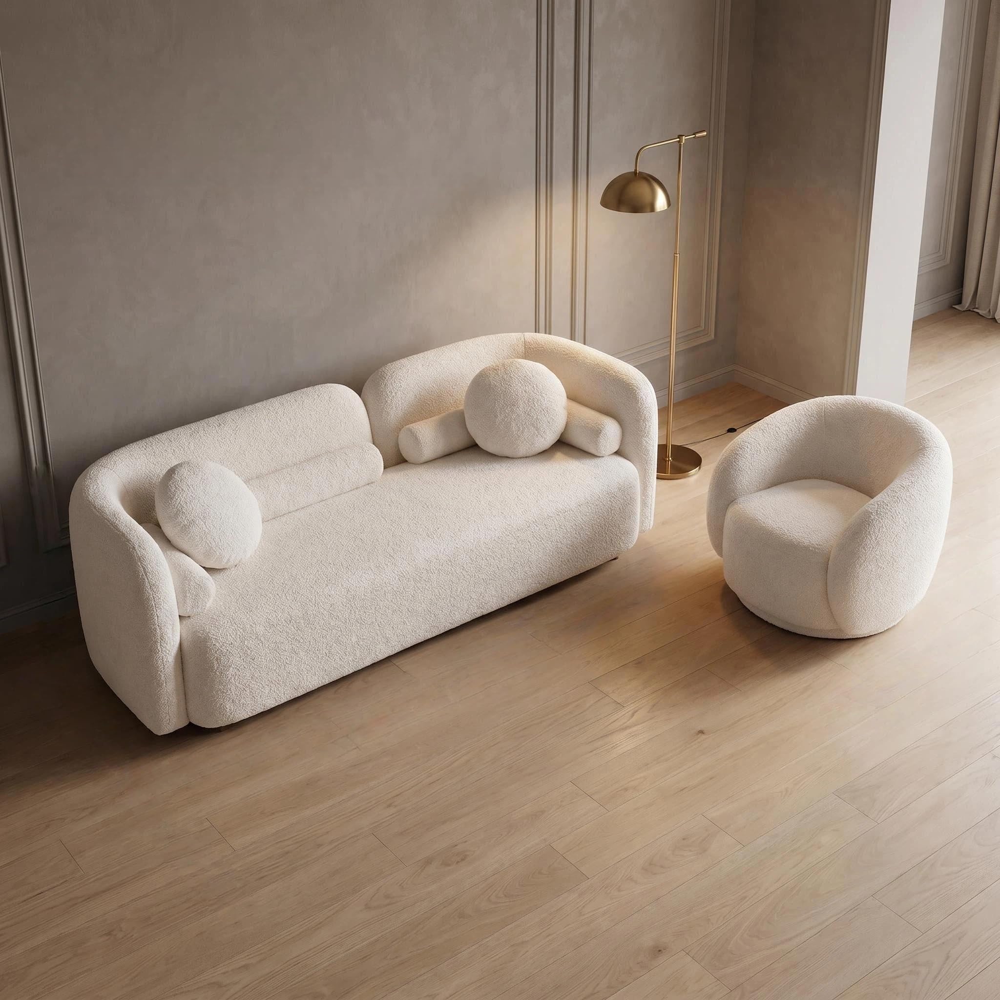 2-Piece Modern Curved Teddy Sofa Set with 360° Swivel Chair