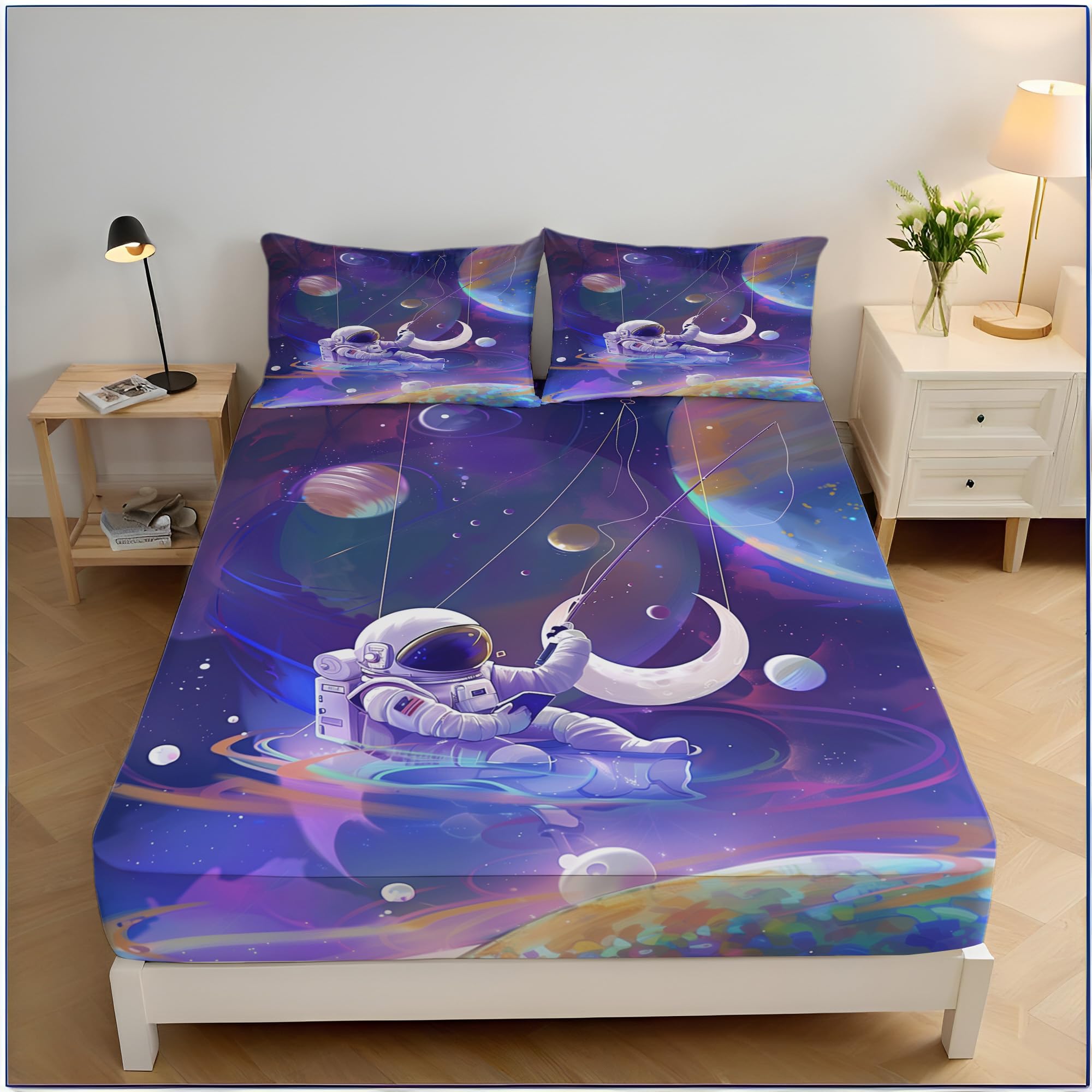 Drap housse 160x200cm Space Lake avec 2 taies d'oreillers pour lit 2 personnes