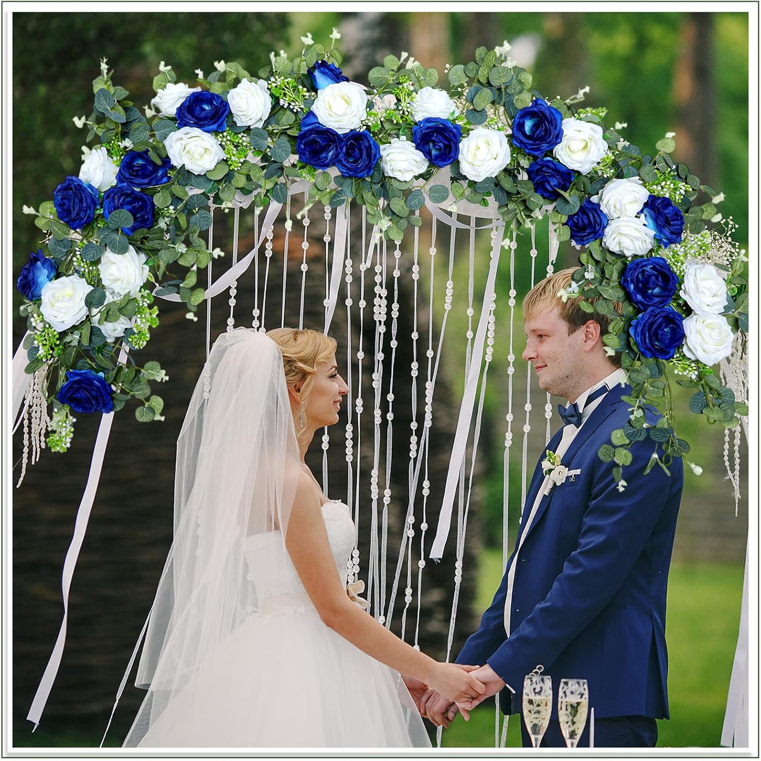 Riceshoot 4 Pack 26 ft Artificial Eucalyptus Vines Garland with Flowers Fake Floral Flower Garland Rose Wreath for Wedding Party Arch Table Decor Backdrop Decorations (Blue and White)