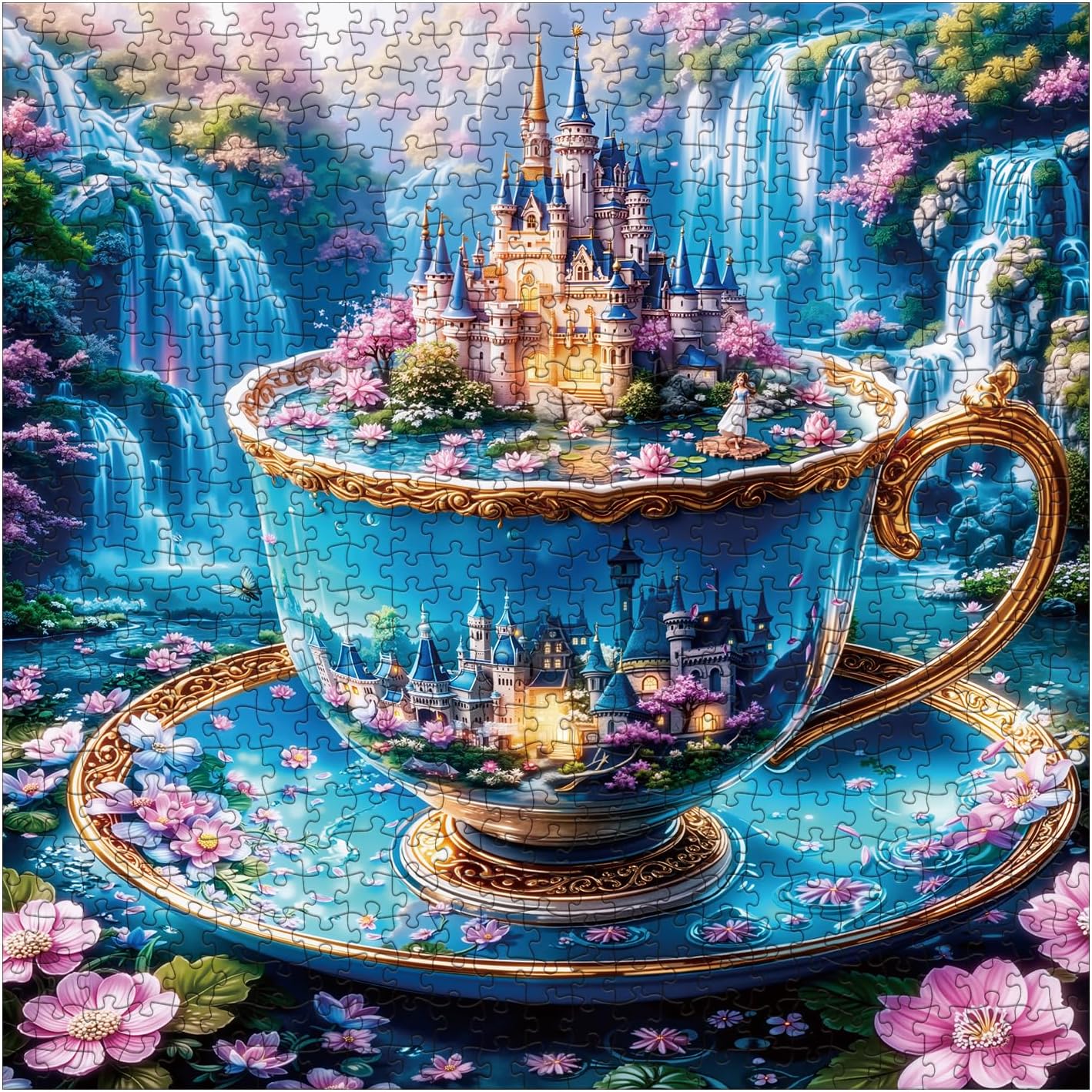 Fantasy Teacup Landscape Puzzles for Adults 1000 Pieces Nature, Magic Castle Wonderland Art Jigsaw Puzzles, Impossible Colorful Flower Aesthetic Puzzle image 2