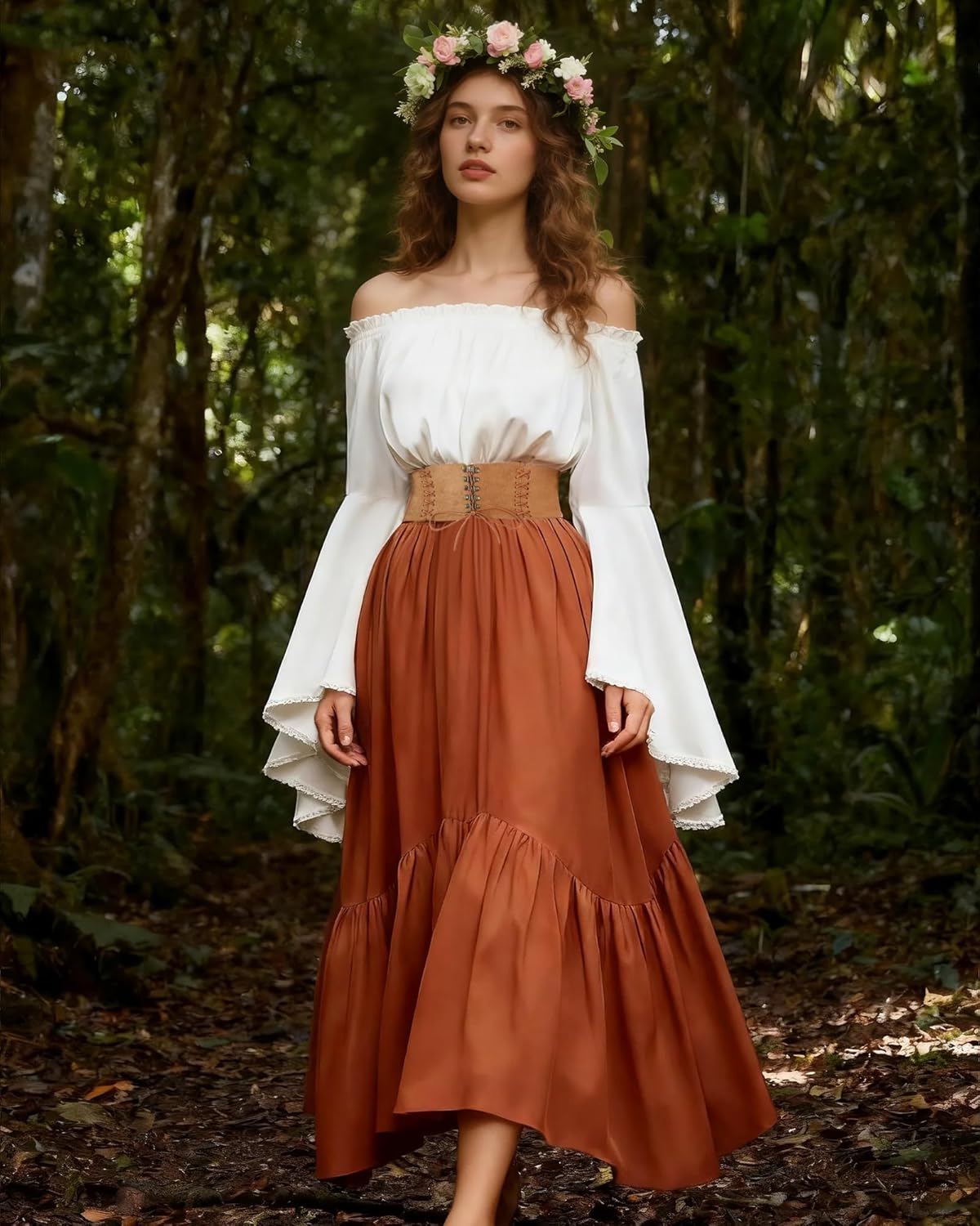 Women Renaissance Flowy Skirt - High Waist Renaissance Pirate Costume Women with Belt & Pockets - Image 2