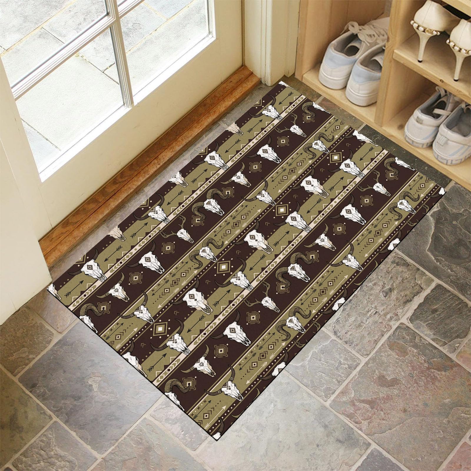 Ultradünne Böhmische Tierstreifen Fußmatte Für Innenbereich, 90X150Cm Waschbar Teppich Für Eingangsbereich, Stammesgeometrie Schmutzfänger Fussmatten, Bräunen rutschfeste Eingangsmatte