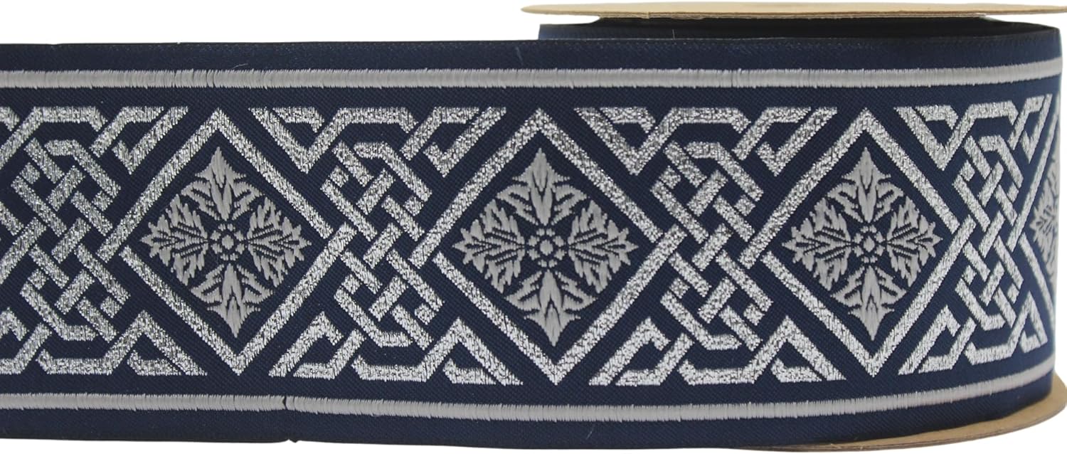 3.8 Yard Spool 2.67" Metallic Silver & Dark Blue Carpet Pattern Embroidered Curtain Trim Jacquard Ribbon for Your Drapes Curtains Drapery Banding Trim Tape 198 V3