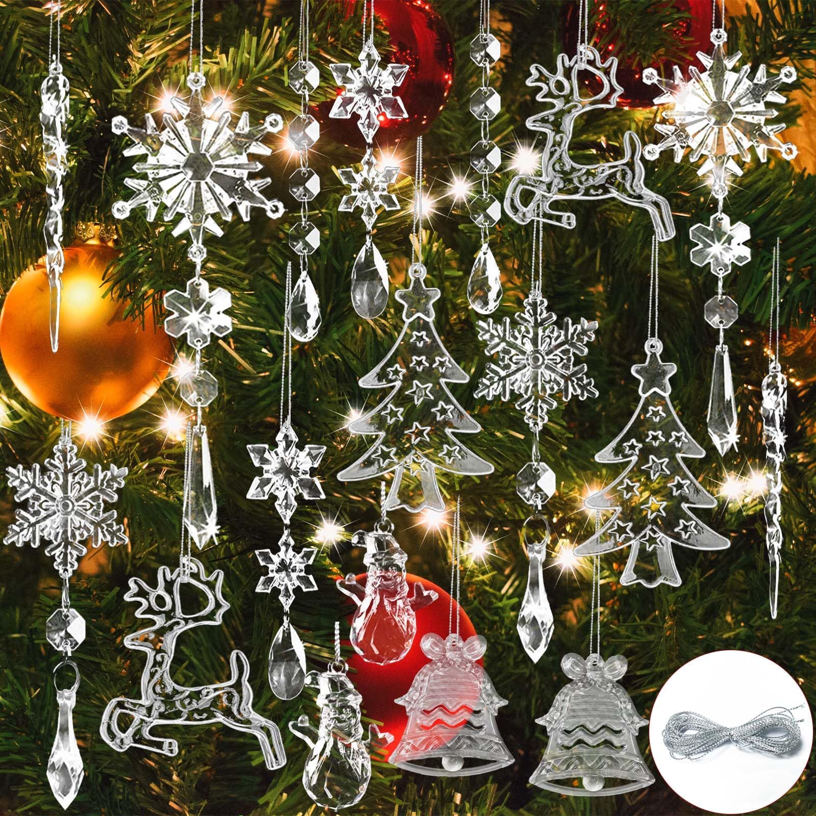 18Pcs Christmas Ornaments Set - Christmas Tree Decoration Crystal Ornaments 9 Designs Hanging Acrylic Christmas Icicle Snowflake with Strings for Christmas New Year Party Supplies