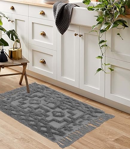 Miniatura 5 de Uphome Alfombra de baño bohemia de 2 x 3 pies, alfombra marroquí copetuda con borlas, alfombra rústica de algodón tejida lavable para entrada,