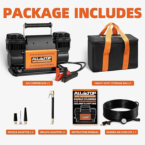Miniatura 6 de Kit de Compresor de Aire ALL-TOP, Inflador Portátil de Doble Cilindro 12V 12.35 pies³/Min, Compresor de Aire Todoterreno para Neumáticos de Camión