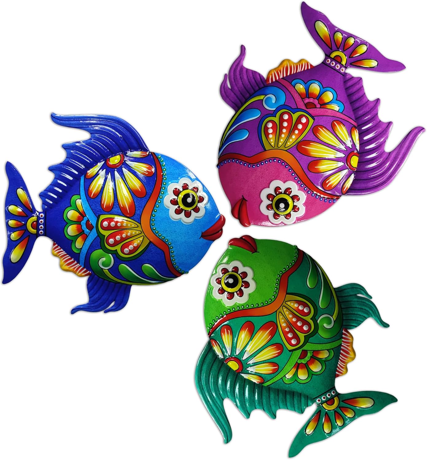 John's Studio Metal Fish Sea Wall Decor Outdoor Garden Hanging Art Sculptures Home Ocean Theme Decorations for Kitchen Bathroom and Pool - 3 PCS