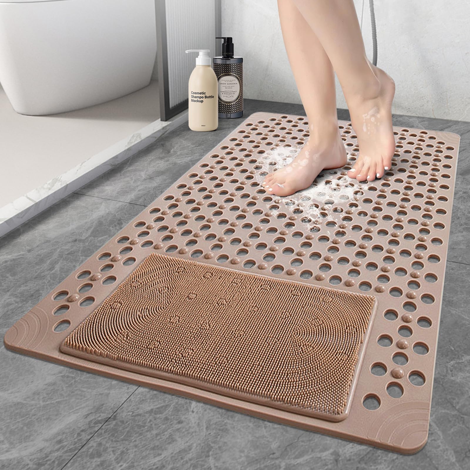 Tappetino da doccia antiscivolo: 89,9 x 59,9 cm, grande, in PVC, pesante, per doccia interna, ad asciugatura rapida, opaco, con foro di scarico e ventose per anziani