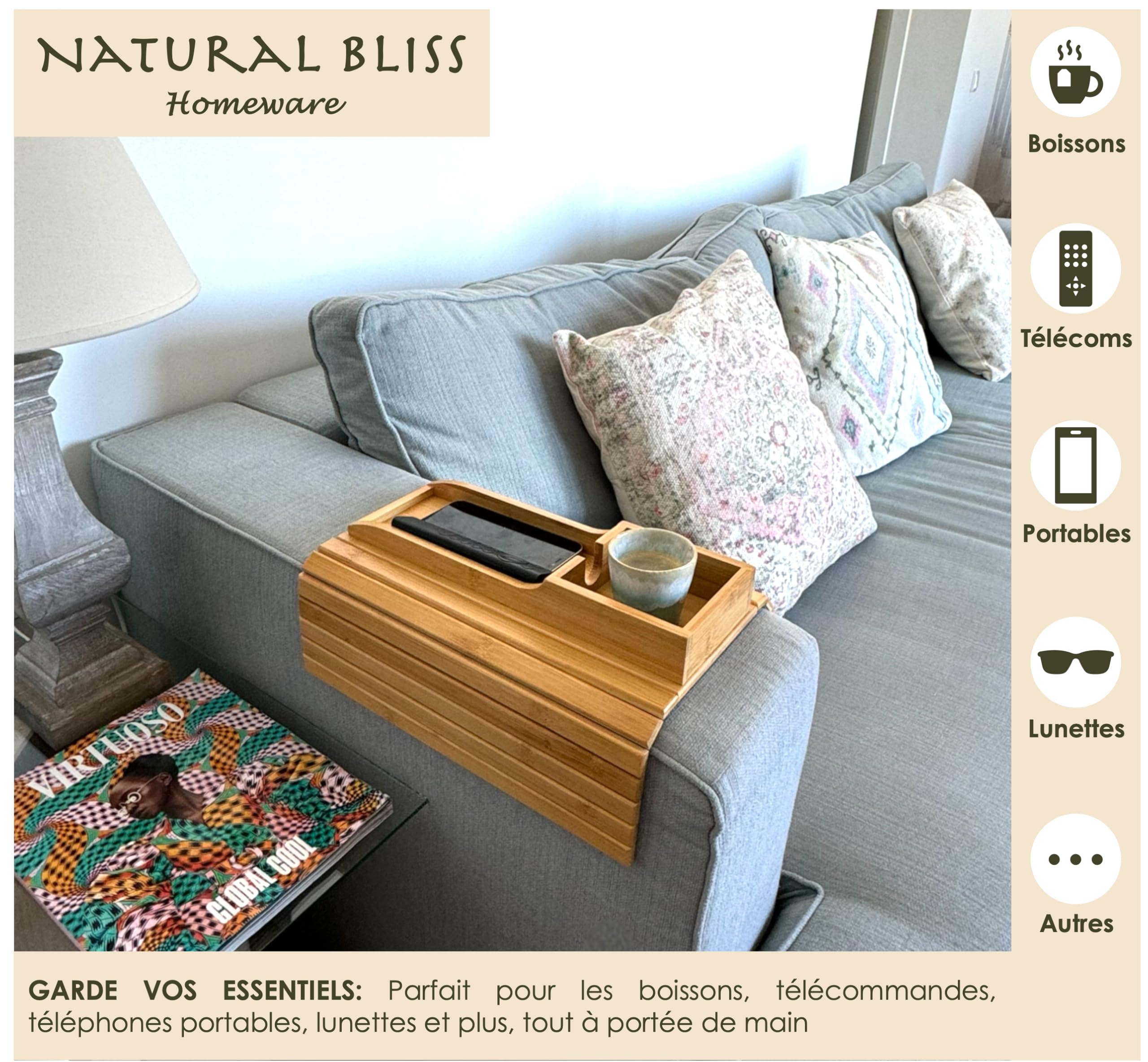 Natural Bliss – Table d’appoint en Bambou pour Accoudoir Canapé | Plateau Repas Antidérapant, Pliable et Réglable pour Tasse | Organisateur & Porte Télécommande et Téléphone
