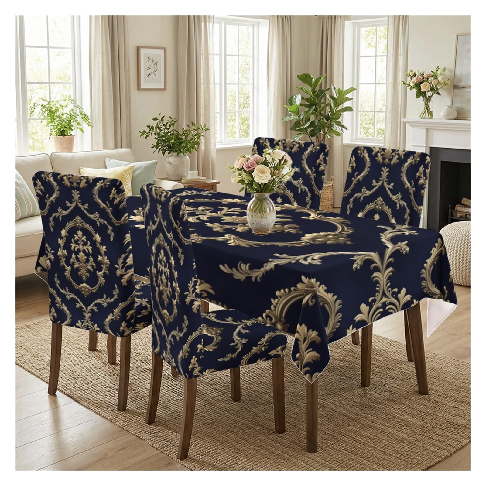BOSUYBN Luxury Damask Dining Tablecloth & Chair Covers Set, 5/7 Piece Navy Base Gold Ornate Scroll Slipcovers For Classic Elegant Home Table Setting(5pcs Set: Tablecloth+Chair Covers)