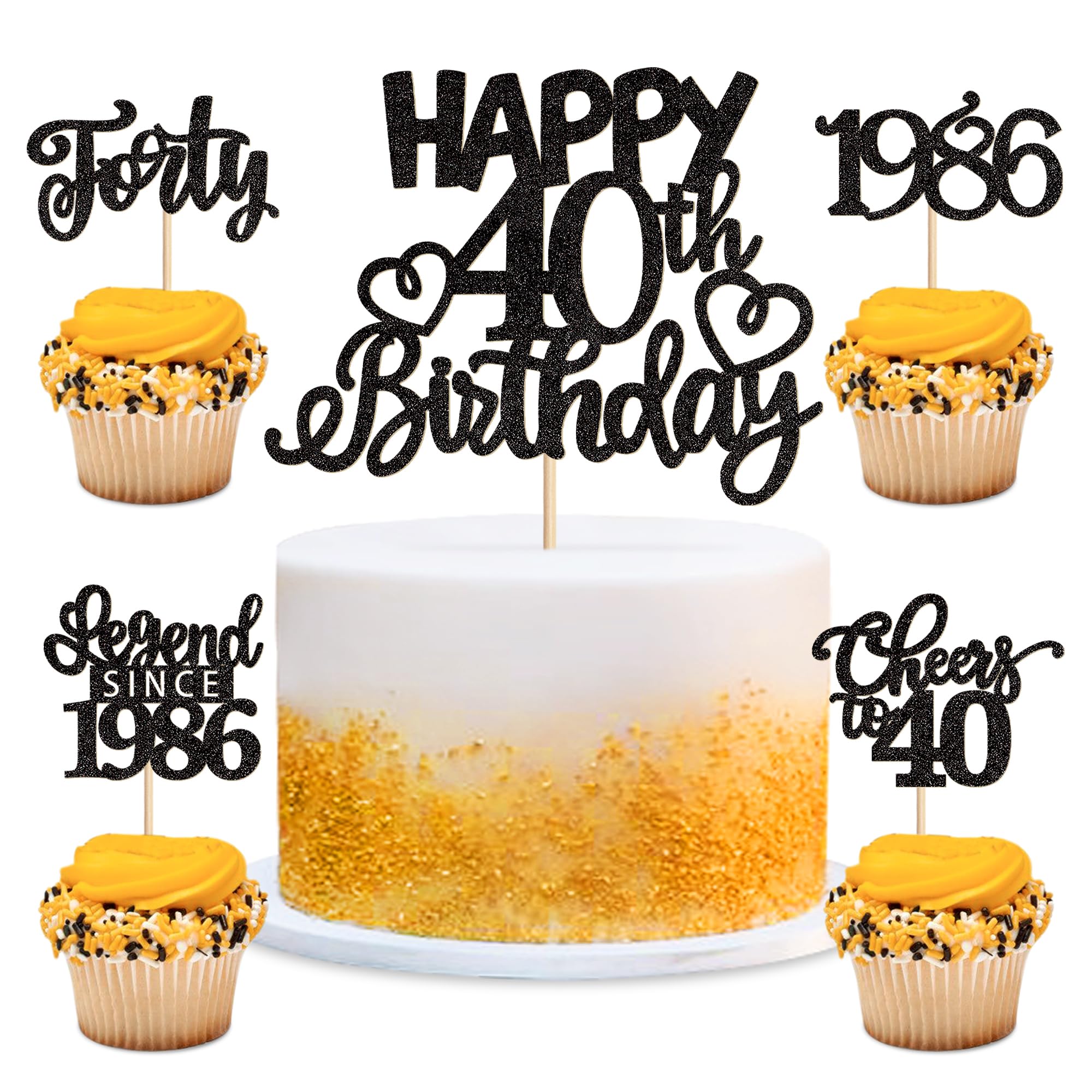 Blumomon 25PCS Black 40th Birthday Cake Toppers Glitter Forty Happy 40th Straight Outta 1986 Cupcake Picks for Cheers to 40 Years 40th Birthday Wedding Anniversary Party Decorations Supplies