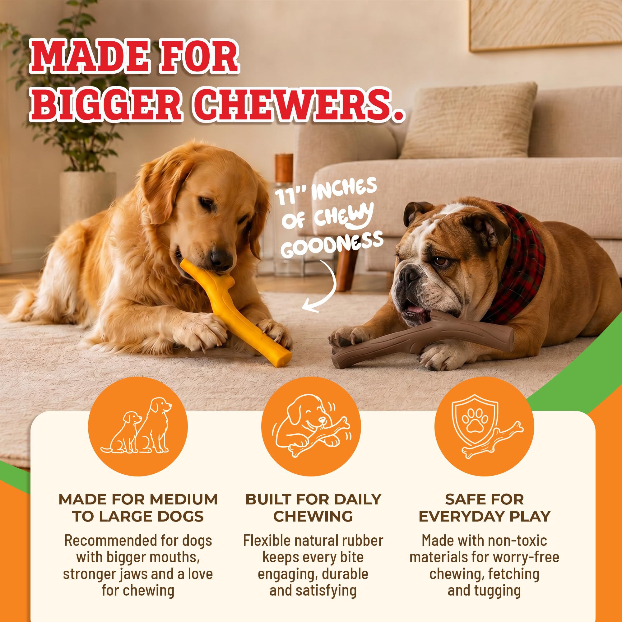Baba Buddies Juguetes de goma natural para perros masticadores agresivos, juguete chirriante con sabor a pollo, forma de rama duradera, juguete interactivo para perros grandes y medianos, juguete