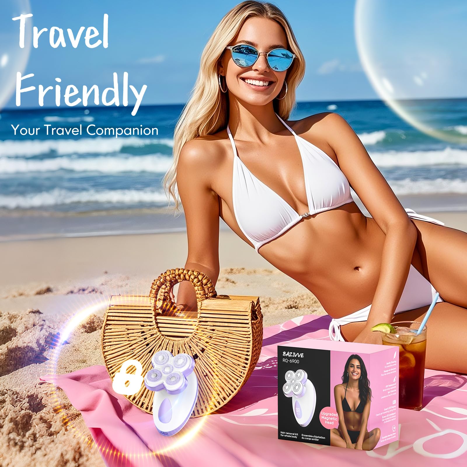 Rasoi elettrici da donna - Rasoio elettrico aggiornato per donne con testine magnetiche, kit di rimozione dei peli rotativo per gambe bikini viso, trimmer da donna per pelli sensibili, staccabile e
