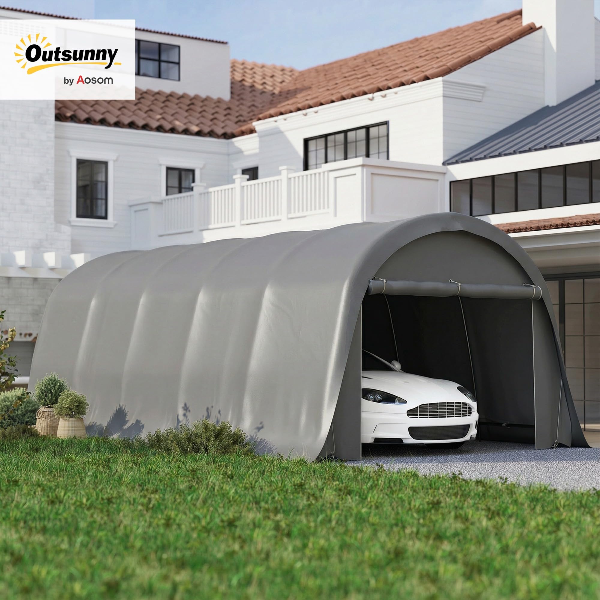 Outsunny Carport Tente de Garage 3,6 x 7,2 m, abri Voiture extérieur, Tente de Stockage avec parois latérales Amovibles et Grande Porte Roulante, carport pour Voiture, Camion, Bateau, Gris foncé