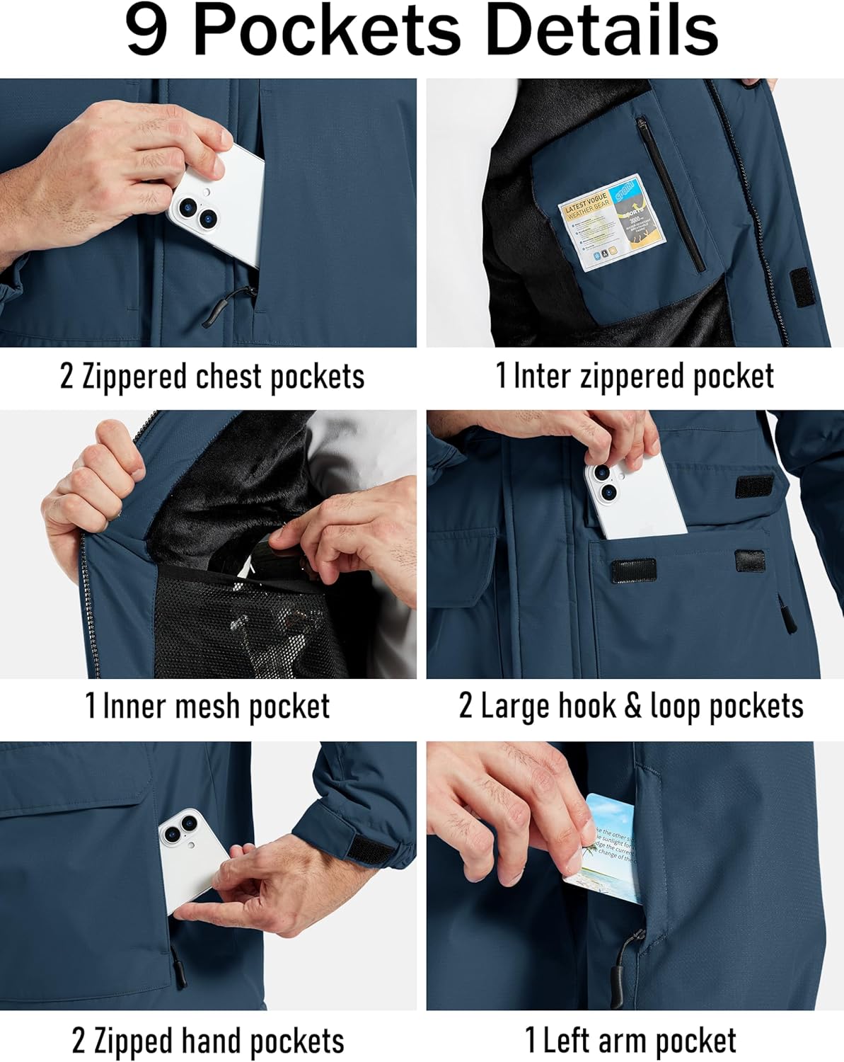 MAGCOMSEN Men's Winter Coats Ski Snow Waterproof Jackets Fleece Warm Snowboard Hooded Jacket Parka Raincoats 9 Pockets - Image 4