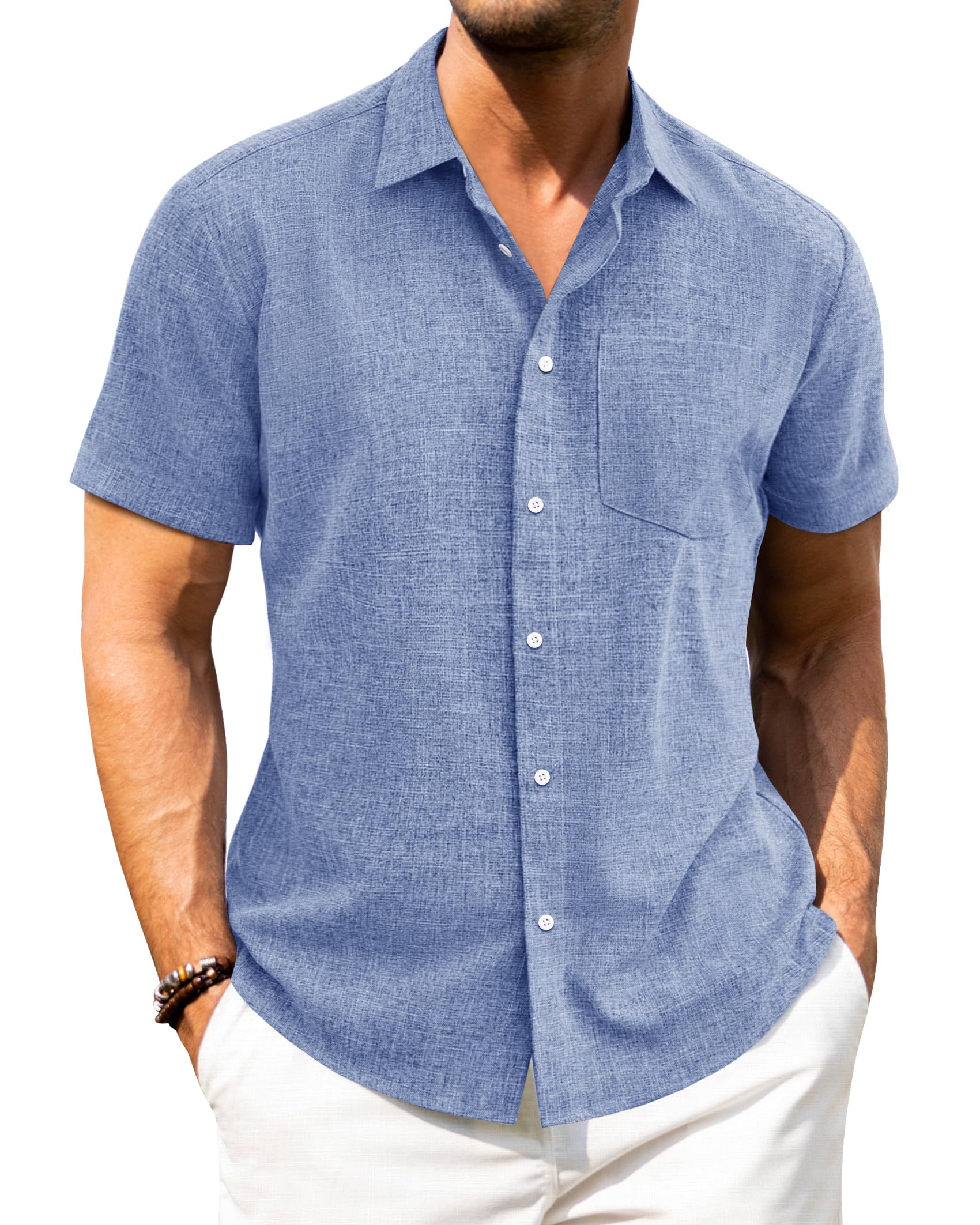 J.VER Leinenhemd Herren Kruzarm Freizeithemd Regular Fit Leicht und Luftig Sommerhemd Leinen Shirt mit Tasche