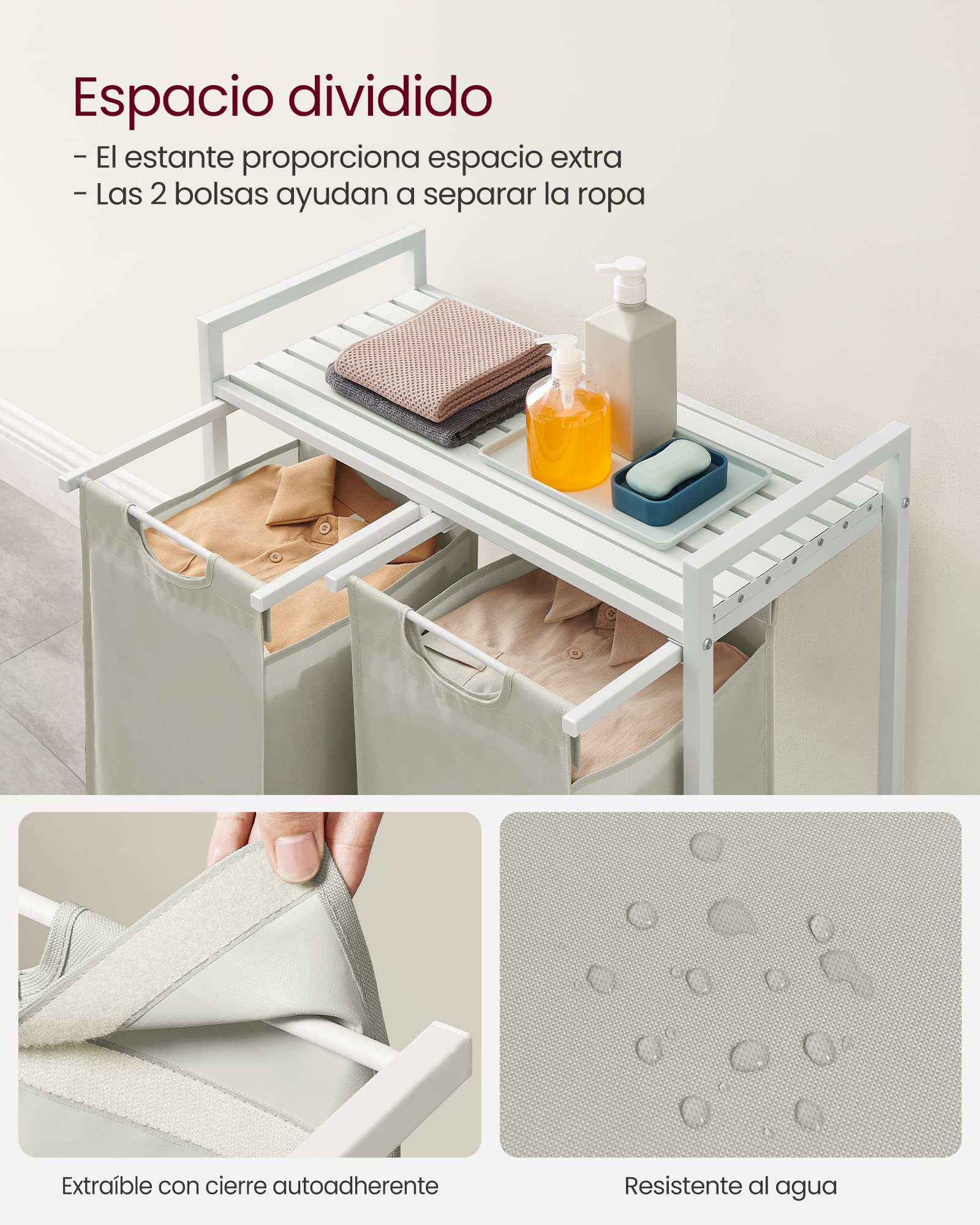 VASAGLE Cesto para Ropa Sucia, 2 Bolsas de Tela Oxford Extraíble, 73 x 33 x 72 cm, Blanco Crema y Blanco Mate