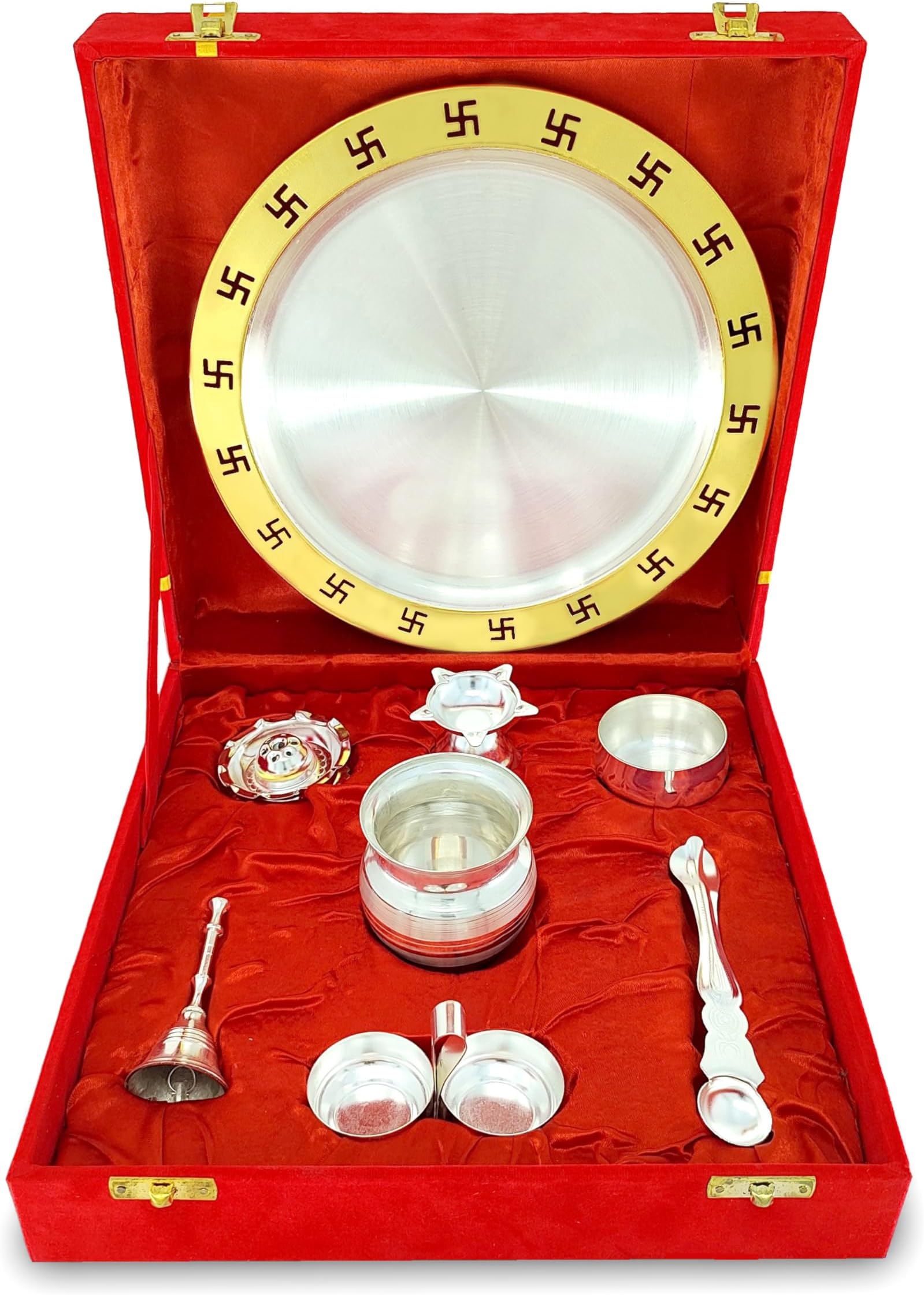 Pooja Thali Set Gold Plated with Red Gift Box Designed Puja Plate Kalash Bowl Haldi Kumkum Stand Ghanti Dhup Dan Palli Diya for Home Office Diwali Wedding Return Gifts