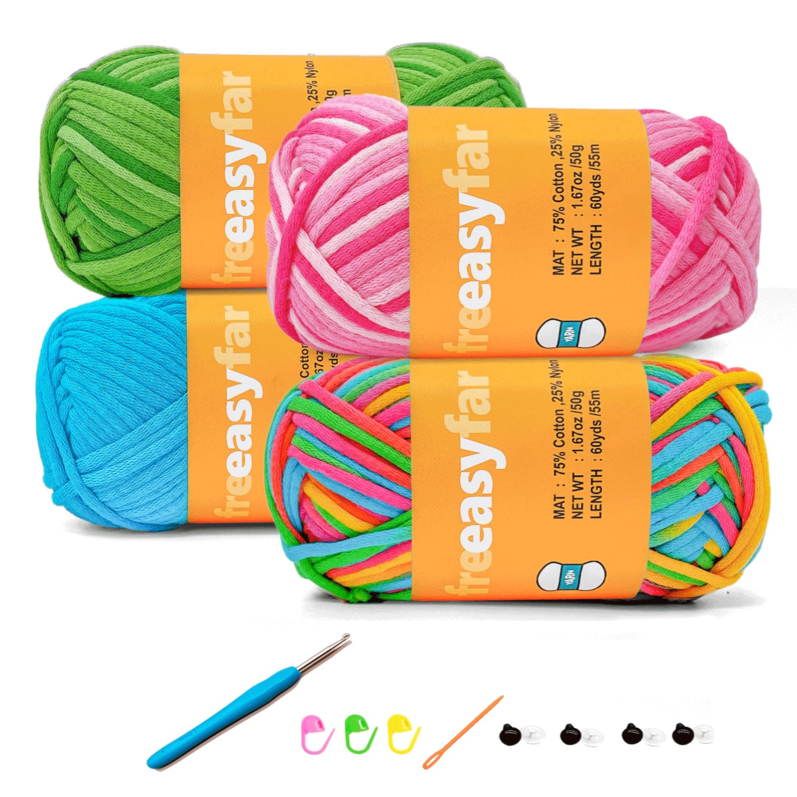 FREEASYFAR 4x50g Beginner Crochet Yarn for Crocheting and Knitting; Beginner Easy Yarn kit with Tool Set (Rainbow+Strawberry+Lawngreen+Aqua, 4 Skein)