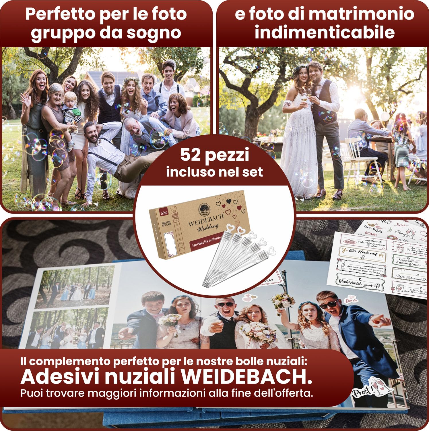 Weidebach® 52x Bolle romantiche per Matrimonio Perfetta Decorazione per Foto indimenticabili, incl. 52 Adesivi su Cui Scrivere, bomboniere