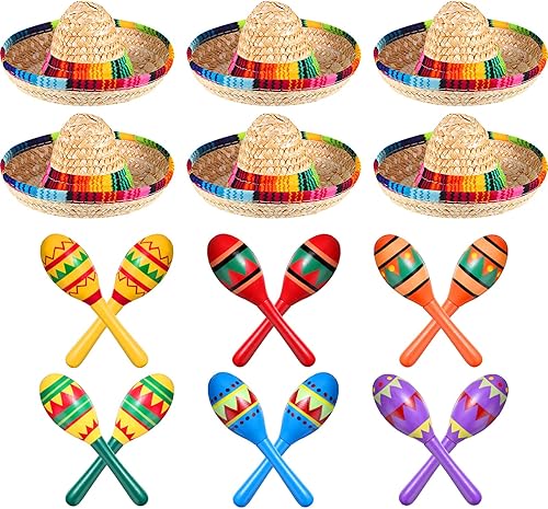 12 maracas de madera de colores y 6 sombreros de mini sombrero, recuerdos de fiesta mexicana y suministros para carnavales