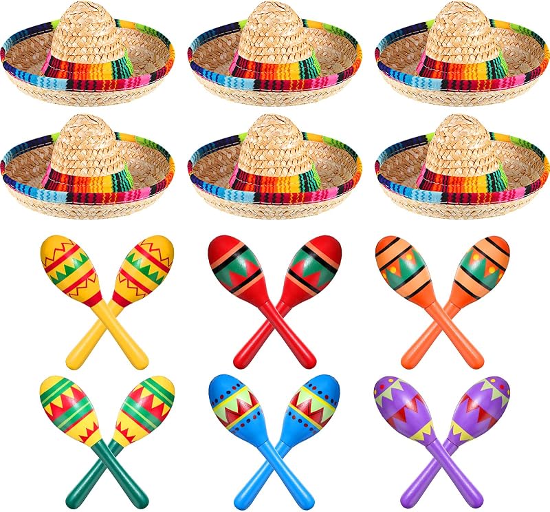 12 maracas de madera coloridas y 6 mini sombreros – Favores de fiesta mexicana y suministros para carnavales | Favores de fiesta mexicana, carnavales, decoración del Cinco de Mayo