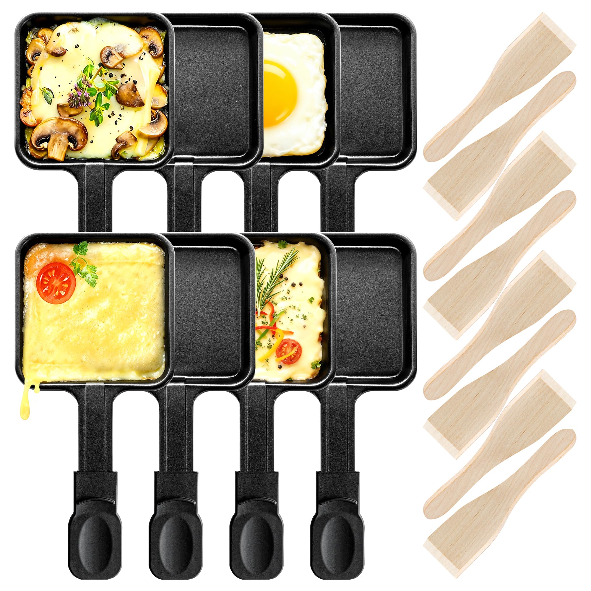 Kosmosta 8 Pack Square Raclette Cheese Pan with Extra Long Handle, 8 Wooden Spatulas, Non-stick Coating, Large Raclette Grill Pan, Replacement Accessories for Raclette Machines