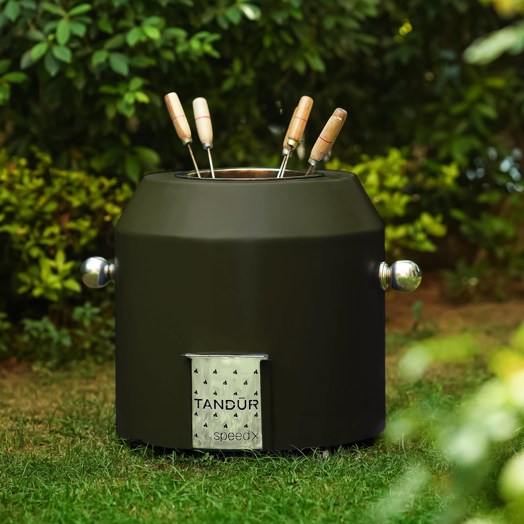 HAUS OF BARS by Speedx- Charcoal Tandur with 4 Skewers | Home Cooking Tandoor Crafted with a Blend of Clay & Metal, (20x20x20) Inches, Cylindrical (Royale Green)