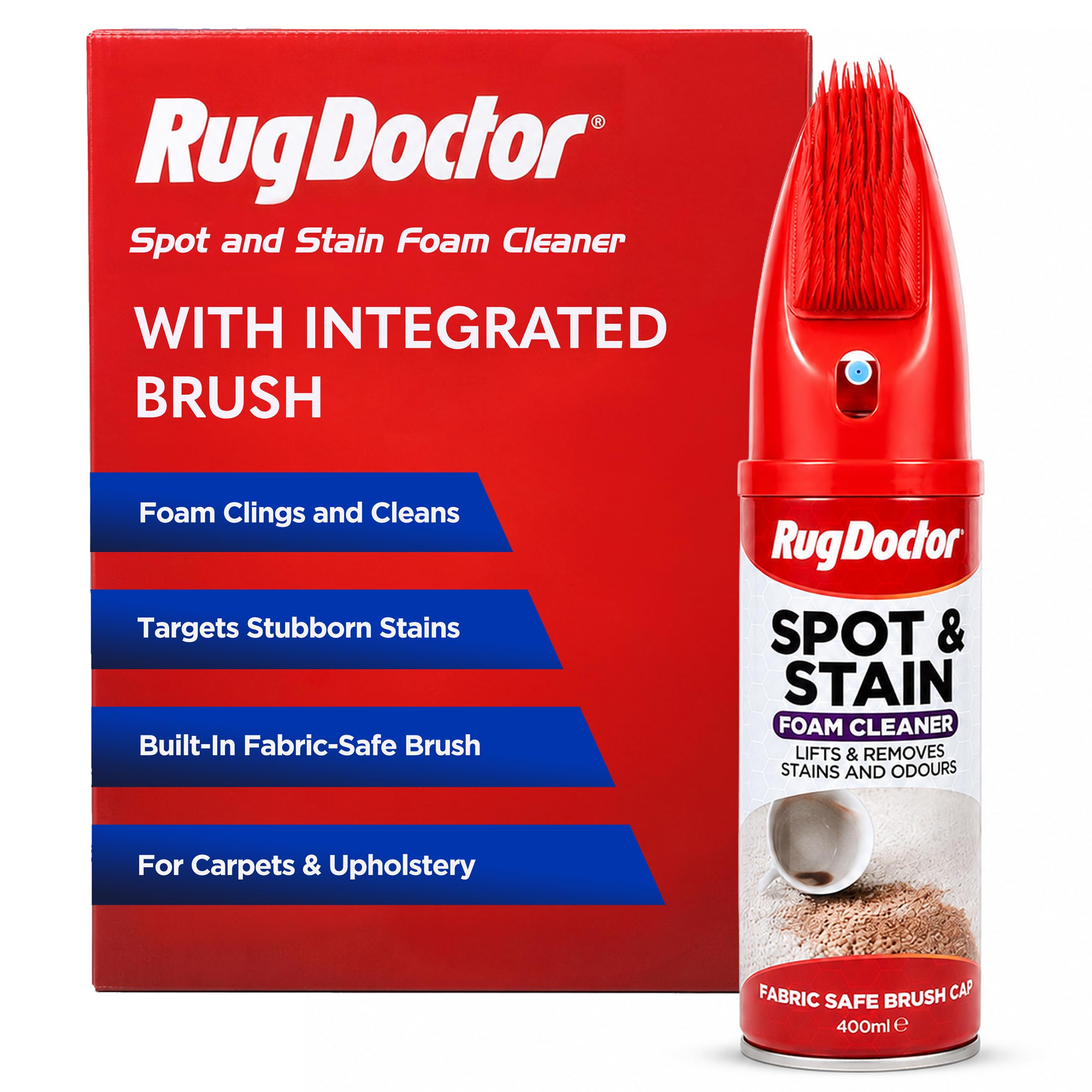 Rug Doctor Spot and Stain Foam Cleaner with Integrated Brush, 400ml | Fabric, Upholstery and Carpet Stain Remover for Fresh Spills and Stubborn Stains