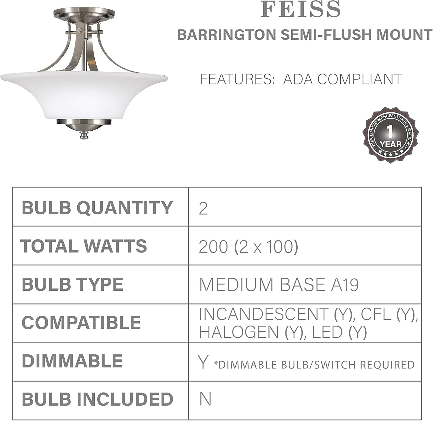 Review Product Sea Gull Lighting SF241BS Barrington Two Light Semi-Flush Mount Ceiling Fixture, 11.5 Height, Brushed Steel